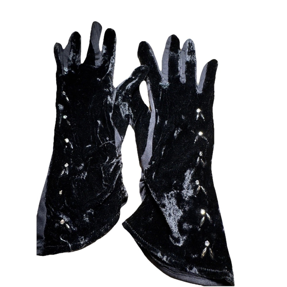 Vintage Fownes Velour Velvet Black Gloves SZ 6 Rhinestones Silk Rayon Nylon
